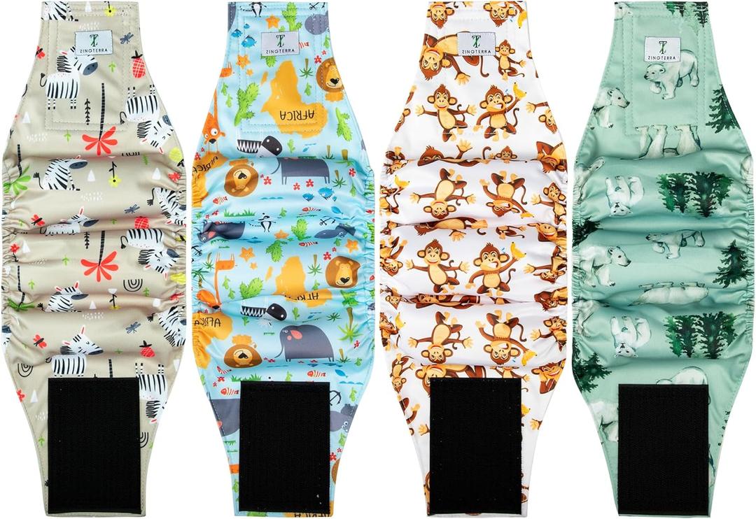 4Pack Dog Diapers Male,Reusable Leakproof Pet Soft Dog Belly Band Wraps,High Absorbency Male Dog Diaper,Wider Washable Belly Band for Doggy Incontinence and Puppy Training L (L(18"-21"), Bear,Zebra,Monkey,Lion)