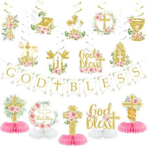 Pink Baptism Decorations, Glitter God Bless Banner Hanging Swirls Honeycomb Centerpieces for Baby Shower Birthday First Communion, Baptism Party Supplies