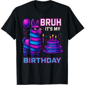 Bruh Its My Birthday Funny Llama Pinata Bday boy Kids Party T-Shirt, Black, Small