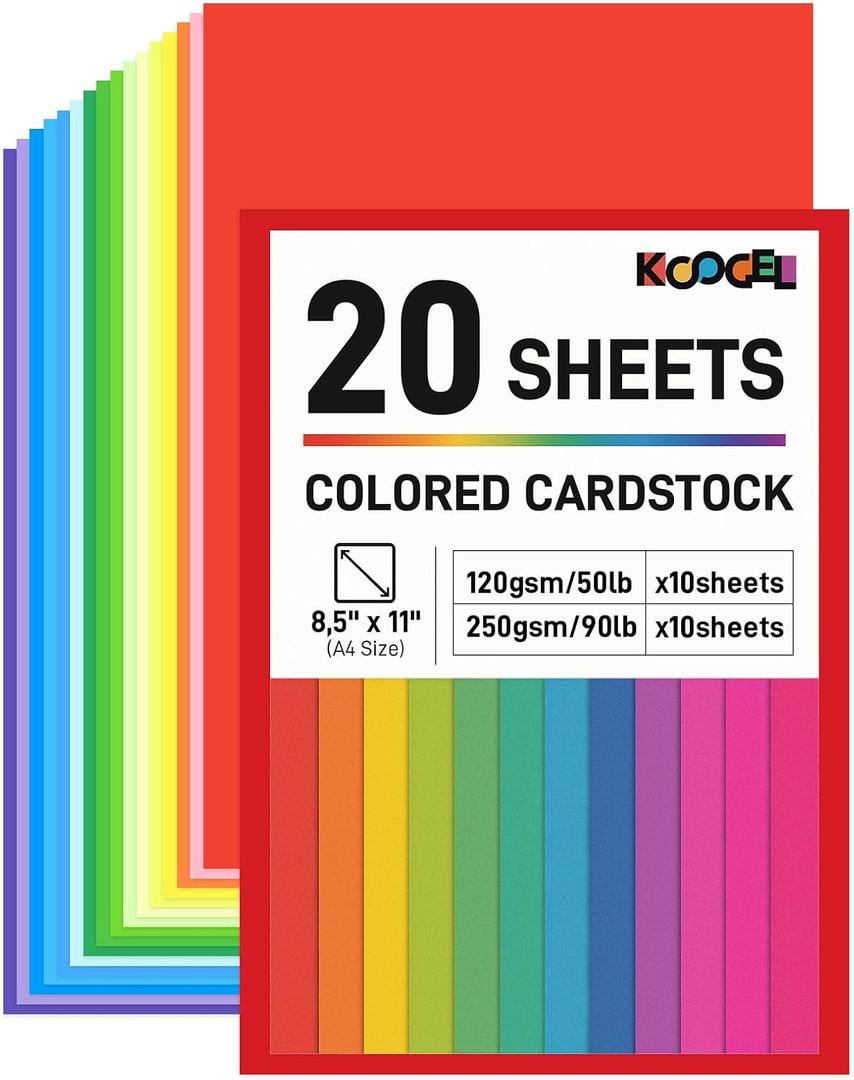 2 x Koogel 20PCS Colored Paper, Including 10 Sheets 50lb/120gsm Construction paper & 10 Sheets 90lb/250gsm Assorted Color Cardstock, for DIY Crafts, School Teaching Supplies
