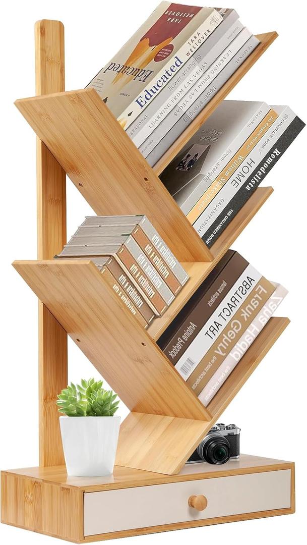4 Tier Tree Bookshelf with Drawer, Small Bookcase, Desktop Bookshelf Floor Standing Bookcase Display for Living Room, Bedroom, Natural
