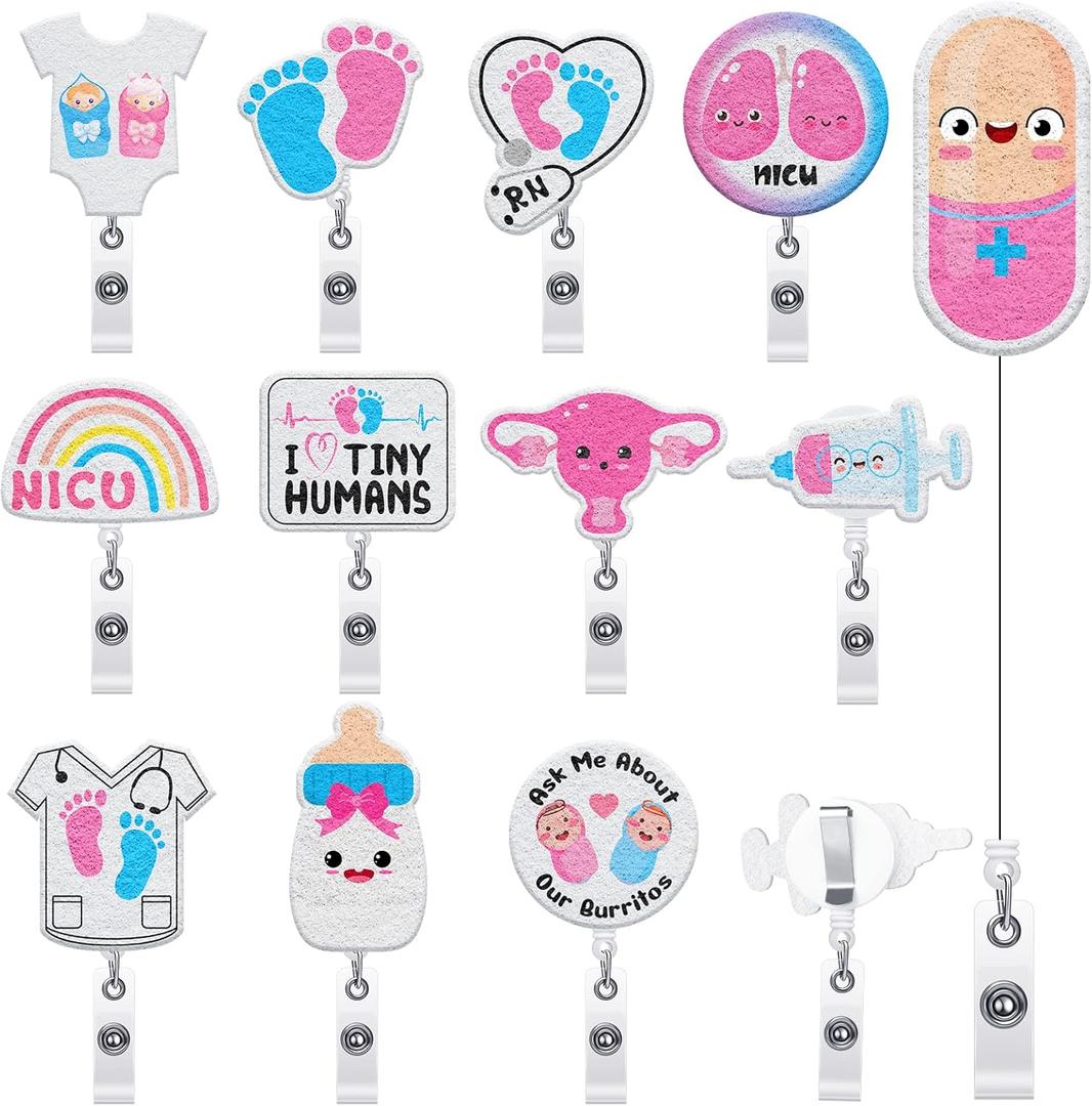 12 Pieces L&D Badge Reel Felt Retractable for L&D Labor and Delivery Badge with Clip Nurse Day Gifts Name Cards Holder for NICU Pediatric Nurses Doctors