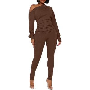 Sexy 2 Piece Outfits for Women One Off Shoulder Tops Ribbed Pant Set Tracksuit Clubwear (Medium)