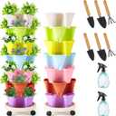 Umigy 2 Set of 7 Tier Vertical Planter Stackable Tower Planters Strawberry Herb Flower and Vegetable Pots Indoor Outdoor Gardening Pots with Removable Wheels and Tools(Macaron)