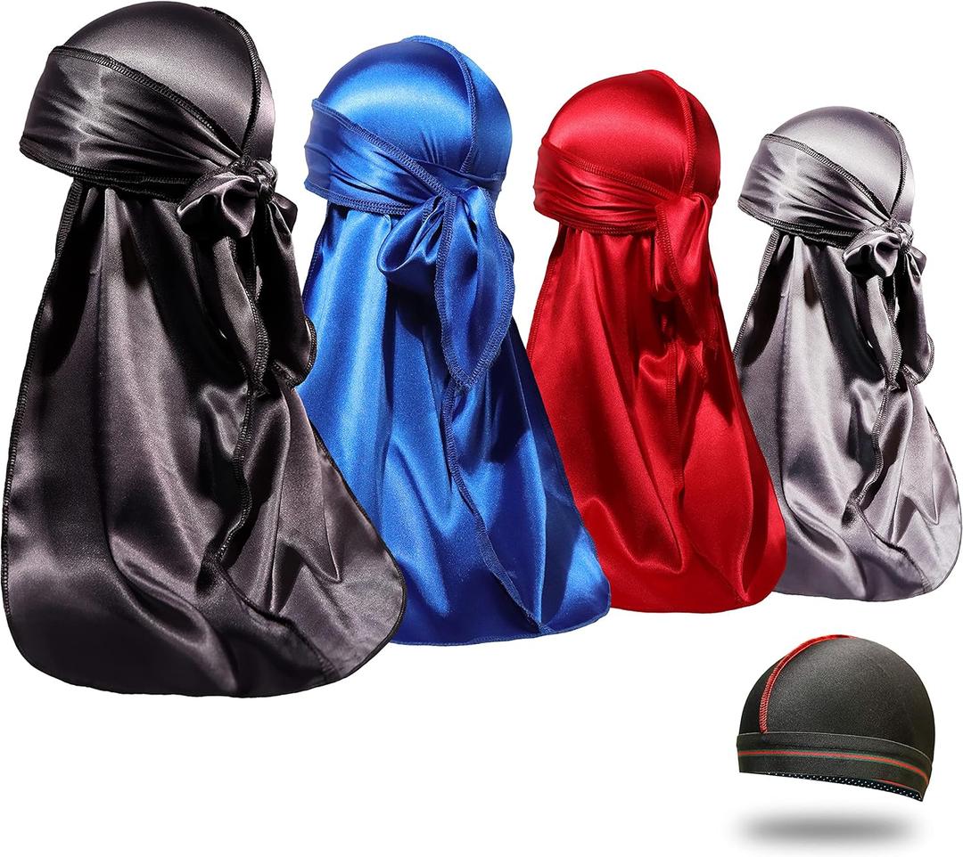 4PCS Silky Durags for Men Women 360 Waves with 1 Wave Cap, Silky Satin Durag Extra Long Tails (Black Blue Gray Red)