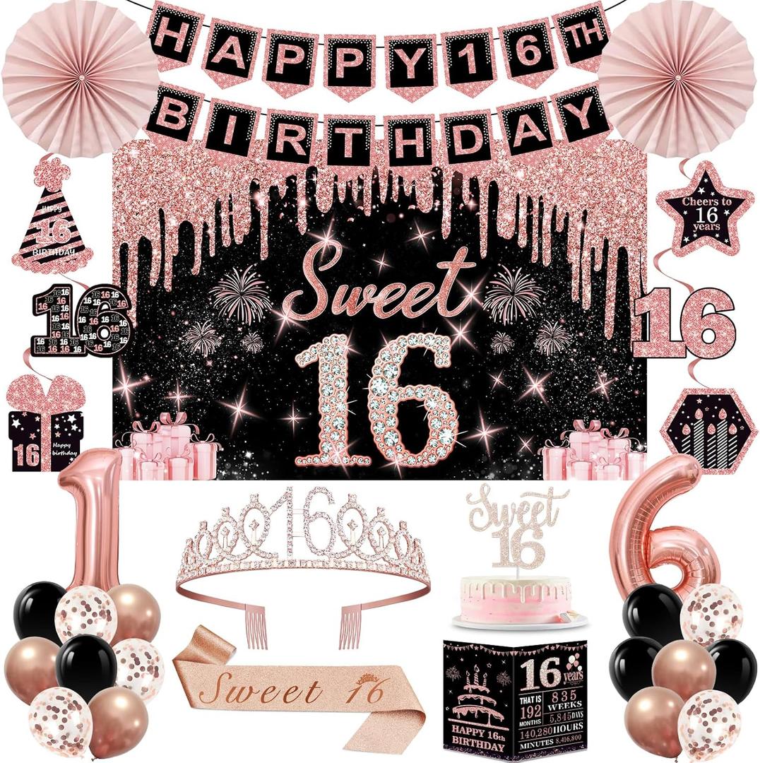 Sweet 16 Birthday Decorations for Girls,32PCS 16th Birthday Party Decorations Kit,Including Backdrop, Crown, Sash, banner, Hanging Swirl,Cake Topper,balloons,Paper Fans,Anniversary Card and paper fans
