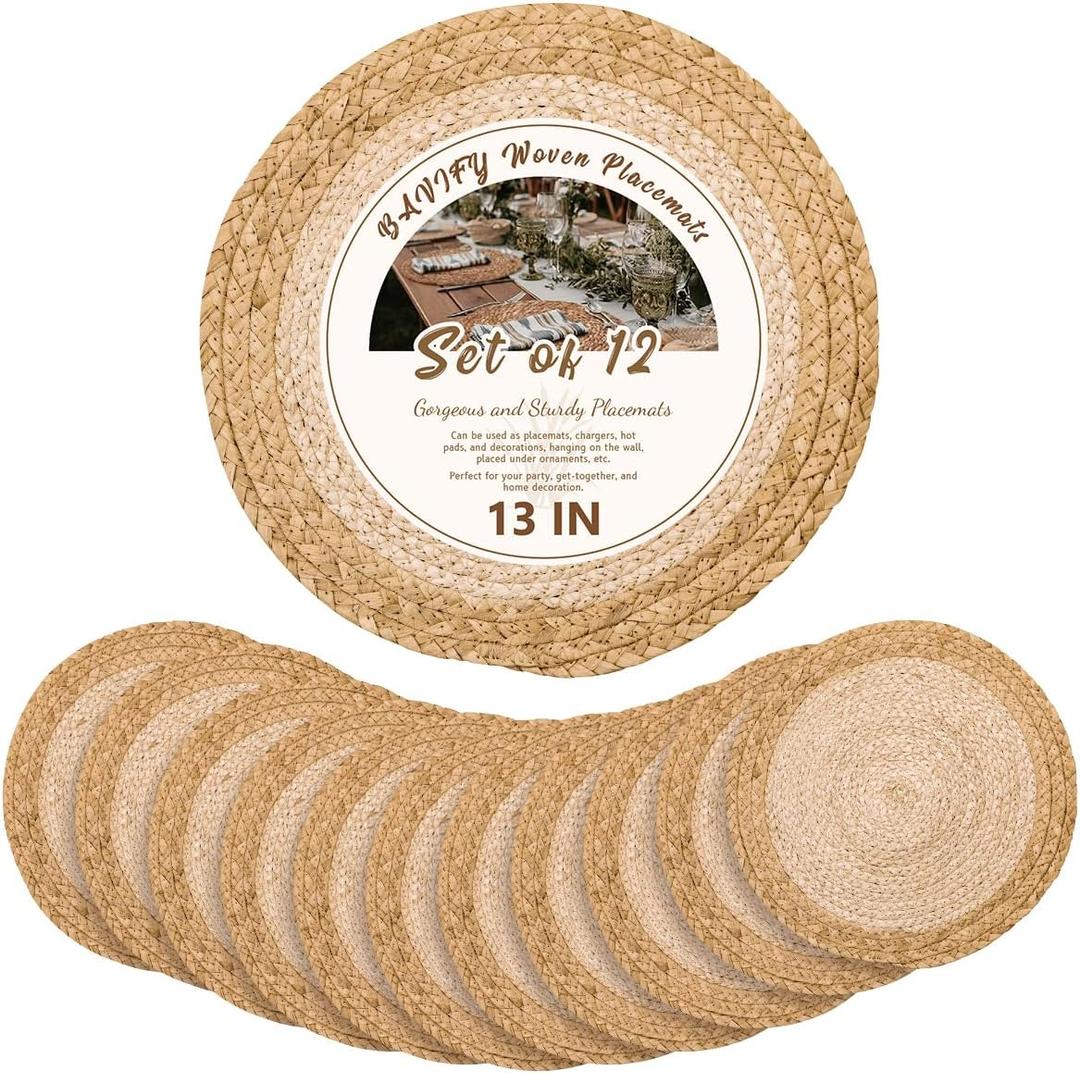 13 in Round Woven Placemats Plate Chargers Set of 12, Boho Farmhouse Rustic Woven Place Mats for Dining Table Decor, Rattan Wicker Table Mats Jute Braided Chargers for Dinner Plates
