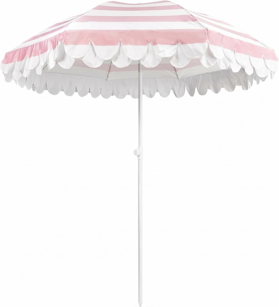 Funsite 6.5Ft Classic Beach Umbrella with Fringe, Scalloped Patio Umbrella with Push Button Tilt, UPF50+ Portable Outdoor Umbrellas for Garden Lawn Pool, Carry Bag, Pink White Stripe