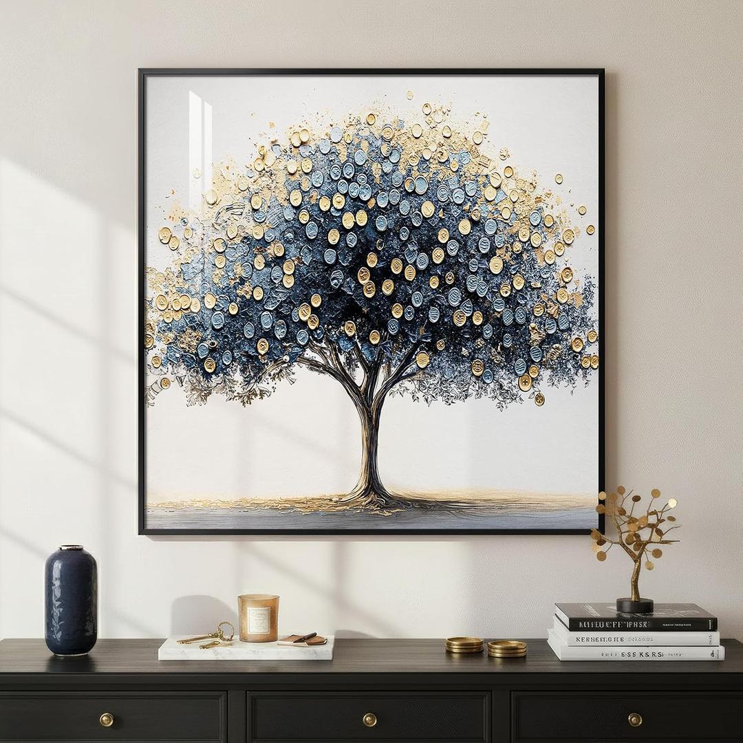 Framed Square Tree of Life Wall Art, Blue Gold Modern Money Tree Painting Prints, Minimalist Elegant Luxury Abstract Tree Artwork for Living Room Bedroom Kitchen Hallway Office Home Decor, 30x30 Inch