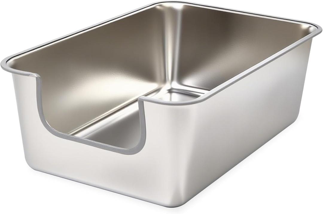 Stainless Steel Cat Litter Box, Jumbo XL Extra Large Mental Cat Litter Pan with High Sides Lid, Low Entry for Indoor Big Cats, Non Sticky, Easy to Clean, Anti-Urine Leakage