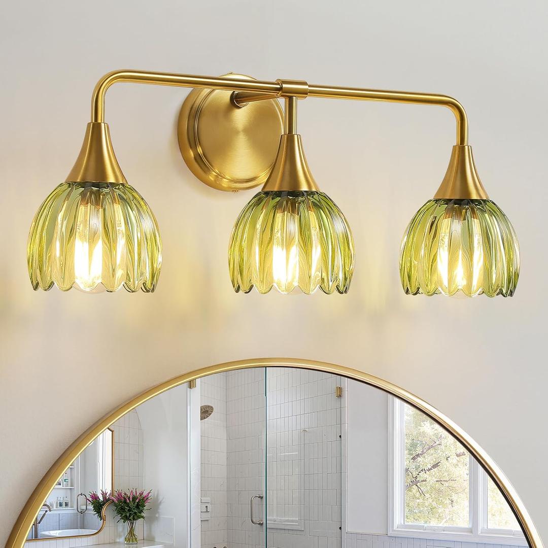 Bathroom Vanity Light Fixtures: 3-Lights Vintage Bathroom Lights Over Mirror with Ribbed Green Tulip Glass Shade - 22.4 inch Brushed Gold Wall Sconce Bath Lighting