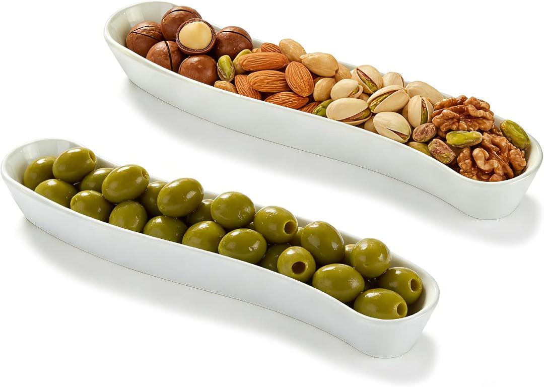 2 Pack Olive Trays, 12 inch Ceramic Olive Dish for Appetizers Crackers Nut and Snacks, Unique Styling and Elegant Design for Charcuterie in Entertaining Party and Daily Use, Dishwasher Safe