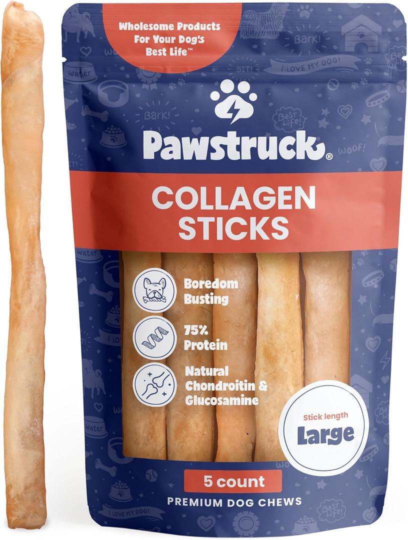 Pawstruck Natural Large 12" Beef Collagen Sticks for Dogs Long-Lasting Rawhide Alternative, High Protein Treats with Chondroitin & Glucosamine 5 Pack 