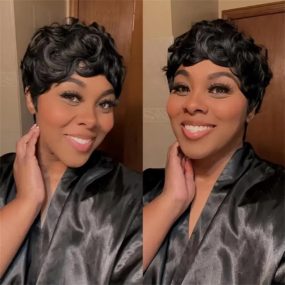Bob Wig Human Hair Short Pixie Cut Wigs for Black Women - None Lace Front Glueless Pre-Plucked Short Curly Wigs with Bangs, Daily Use Natural Black 1B Color