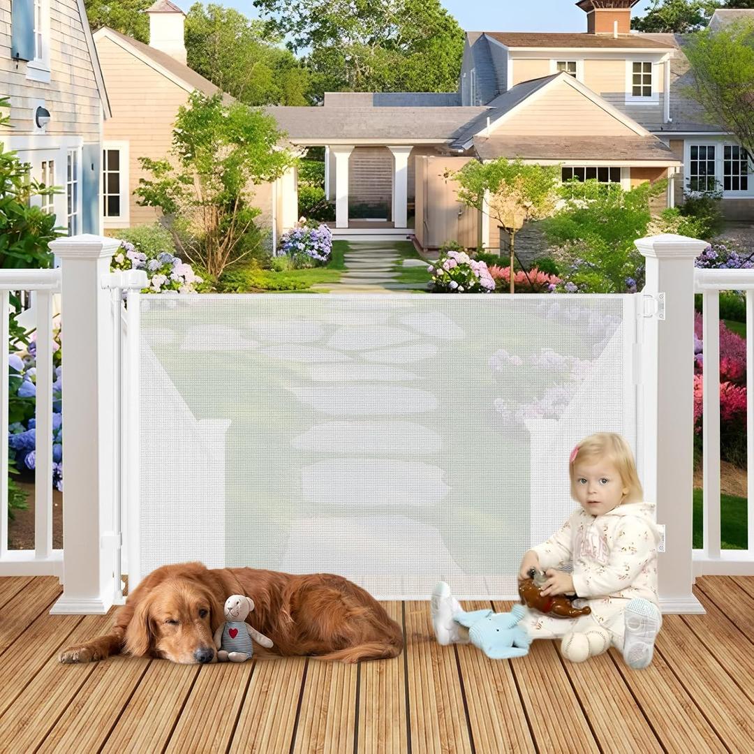 Weatherproof Outdoor Retractable Baby Gates for Decks, 55" Wide Waterproof Retractable Dog Gate with No Rust Screws and Rods, Scratch-Resistant Mesh Outdoor Baby Gate/Fence/Barrier/Screen, White