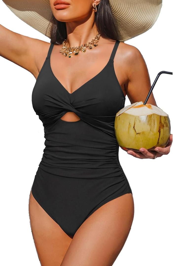 Tempt Me Women One Piece Swimsuit - Tummy Control Bathing Suits Cutout V Neck Twist Front Swimwear (Large, Black)