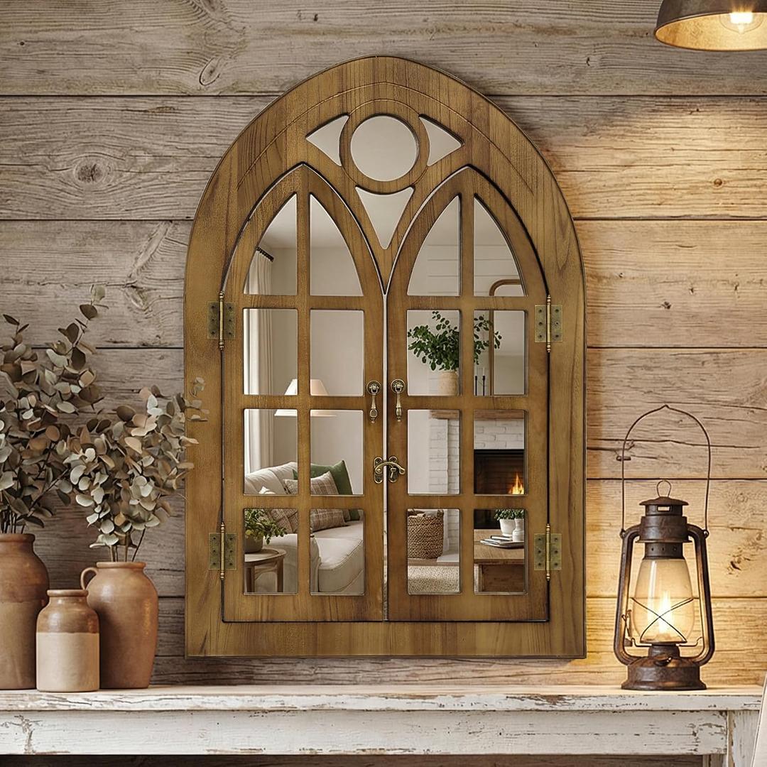 Arched Window Mirror for Wall Decor,Farmhouse Window Pane Mirror | Open & Close Design, Rustic Wood Wall Mirror for Living Room, Entryway, Bedroom Decorative (28" x 41", Walnut, 1 Pack)