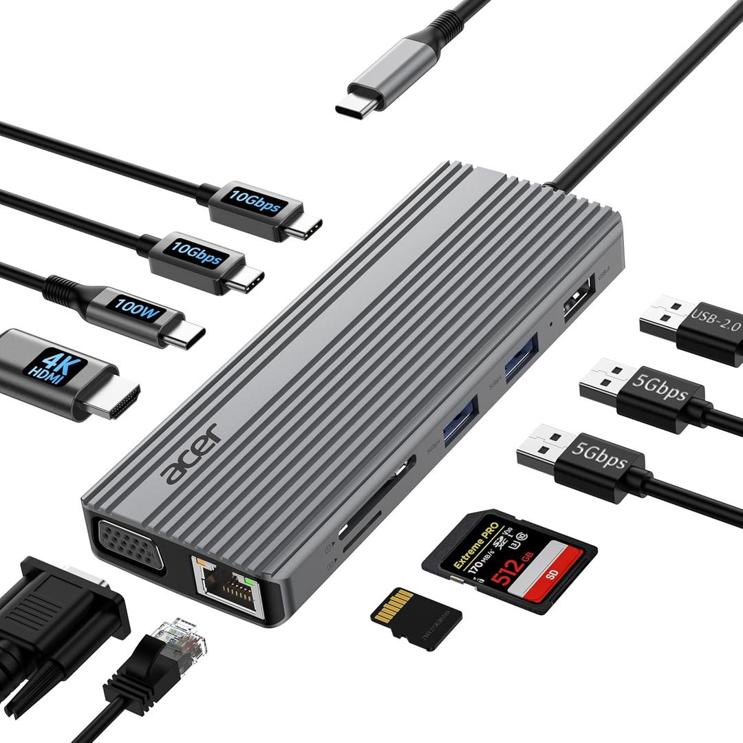 Acer 11 in 1 USB C HUB Multiport Adapter with 4K@60Hz HDMI, 2x10Gbps USB C, 2x5Gbps USB A, 100W PD Port, 1000Mbps Ethernet, 1080P VGA, SD/TF, Laptop Docking Station Dual Monitor for PC, Desktop