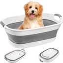 Coloch Collapsible Pet Bathtub with Water Drain Plug, Plastic Dog Bath Tub with Handle Portable Puppy Bathing Tub Space Saving Laundry Basket for Puppy, Small Dog, Cat, BPA Free, Grey