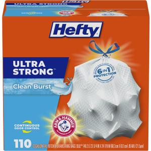 Hefty Ultra Strong 13 Gallon Bags, Tall Kitchen Bags 13 Gallon Size, Drawstring Closure, Continuous Odor Control, White, Clean Burst Scent, 110 Bags