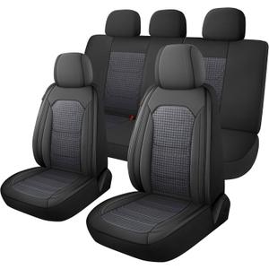 CAROMOP Premium PU Leather&Flannel Car Seat Covers Full Seats,Split Bench Compatible Car Interior Covers, Universal Fit Most Car Sedan Truck SUV(5-Seat Black/Grey)