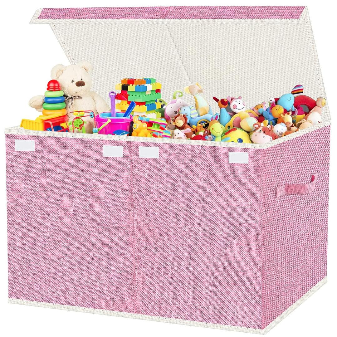 Large Collapsible Toy Storage Box with Lid & Handles - Kids Organizer Chest for Toys, Clothes, Blankets (Pink, Nursery, Playroom, Bedroom)-24.5''13''16''