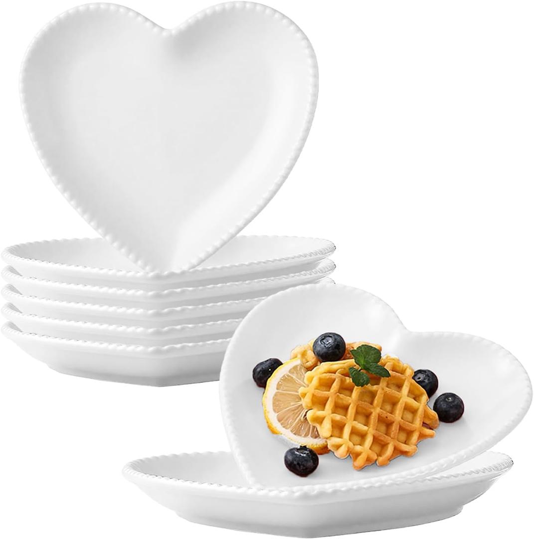Ceramic Plates, 8 Pack Ceramic Dinner Plates Heart Dishes, Dessert Salad bowls For Appetizer, Steak, Snacks, Microwave & Oven Safe (White)