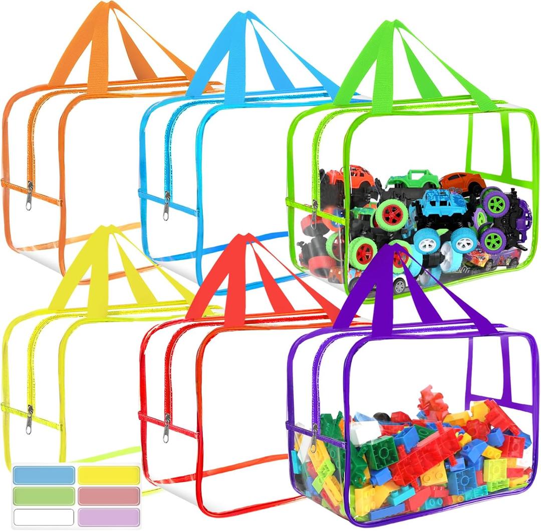 6 Colors Widen X-Large Storage Bags 12.69.256.9In with Labels, Reusable Clear PVC Board Game Storage, Travel Waterproof Organizer Bags with Zipper for Building Blocks, Puzzle, Stuffed Animals (Multicolor)