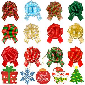 U-Goforst 24PCS Christmas Bows & 24PCS Glitter Gift Tags for Chrismtas Gift Wrapping, Unique Christmas Gift Pull Bows for Holiday Presents Package