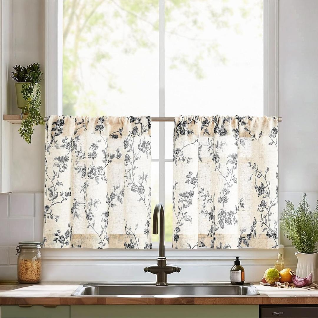 jinchan Floral Kitchen Curtains 24 Inch Linen Tier Curtains Farmhouse Cafe Half Window Drapes Over Sink Light Filtering for Living Room Laundry RV Rod Pocket 2 Panels Black on Beige