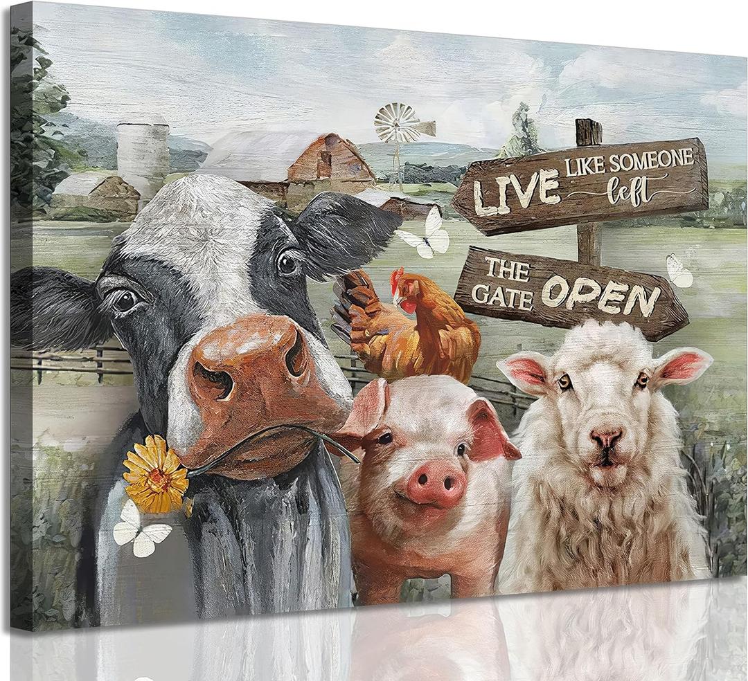 Funny Farm Animals Canvas Wall Art Rustic Farmhouse Poster Print Picture Cute Cow Sheep Pig Chicken Barn Country Sign Painting Artwork Wall Decor for Dining Room Bedroom Kitchen 16x24in Framed