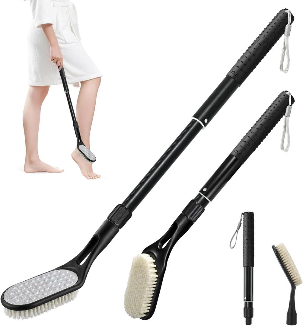 Long Handle Foot Scrubber for Shower, Extendable Foot Brush with Foot File 2 in 1 Dual Sided, Back Saving Foot Cleaner Brush for Cleaning Between Toes & Removing Calluses, Foot Care Tool for Seniors