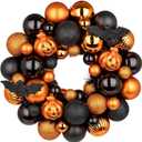 Halloween Wreath for Front Door, 13 inch Small Halloween Ball Wreath with Pumpkins Bats Shatterproof Front Door Wreaths Orange/Black Ball Ornament for Wall Mantel Porch Indoor Outdoor Decor