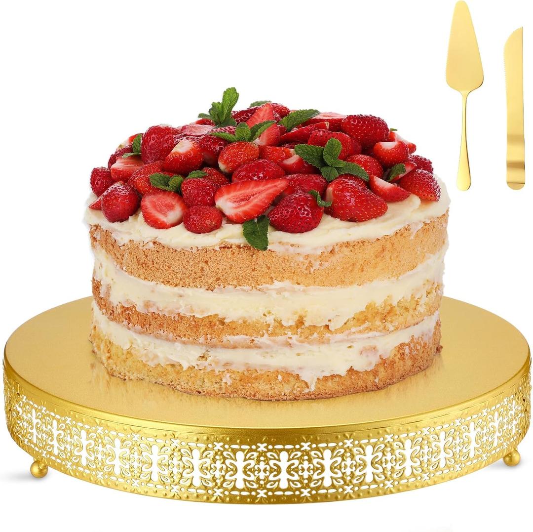 Wenqik Gold Cake Stand 16 Inch Metal Round Cupcake Dessert Stand with Cake Cutting, Spatula Xmas Cupcake Pastry Display Candy Holder Display for Wedding Birthday Party