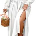 Women's Plus Size Dress Long Sleeve Smocked Dress Square Neck Tie Front Split A-Line Maxi Long Dresses (White, Size: XX-Large Plus)