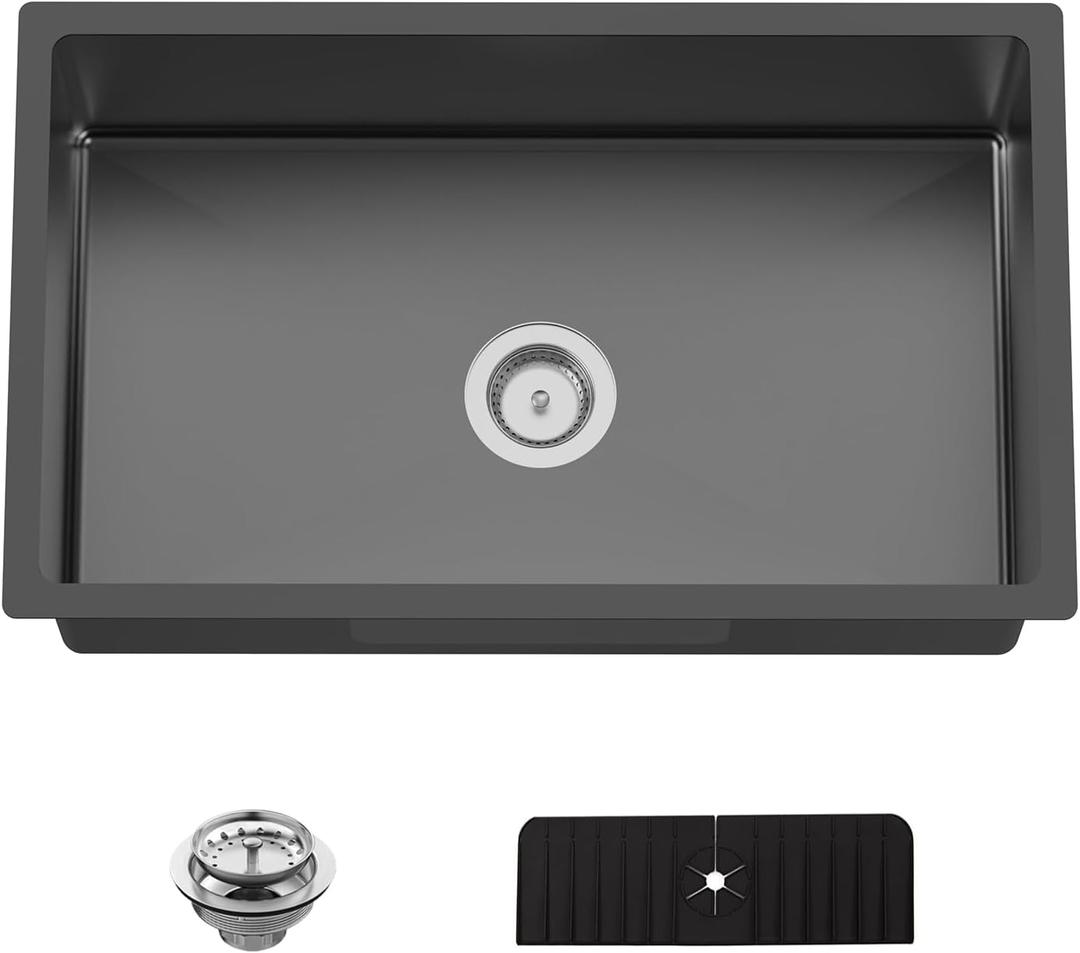 Black Kitchen Sink, 30x18 Inch Stainless Steel Undermount Modern Single Bowl Kitchen Sink Combo-Silicon Mat,Drain Strainer Set Offering Large Basin And Compatibility With Various Kitchen&Bar Style, 30x18x9 inches