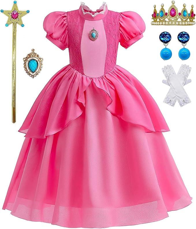 GZ-LAOPAITOU Peach Costume for Girls Princess Peach Dress Kids Halloween Cosplay Birthday Party Dress Up Outfits, Size 120