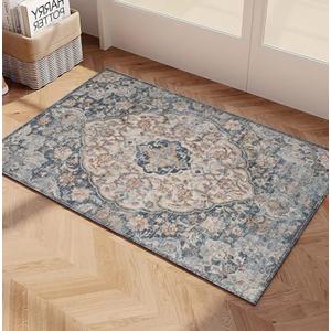 Yancorp 5.11fx3.11f Boho Area Rug for Bedroom Non Slip Washable Rug Vintage Carpet Living Room Non-Shedding Hallway Runner Rug Indoor Floor Mats Bedroom Kitchen Entryway Rugs-Rectangle Blue Grey