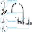 COOLWEST Commercial Wall Mount Faucet 8 Inch Center with 8" Gooseneck Swivel Spout, 2 Handles Heavy Duty Brass Kitchen Sink Faucet, Chrome Finish