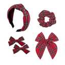5 Pcs Plaid Headband Set - Padded Scrunchies Bow, Christmas Hair Clips Accessories for Girls (Red)