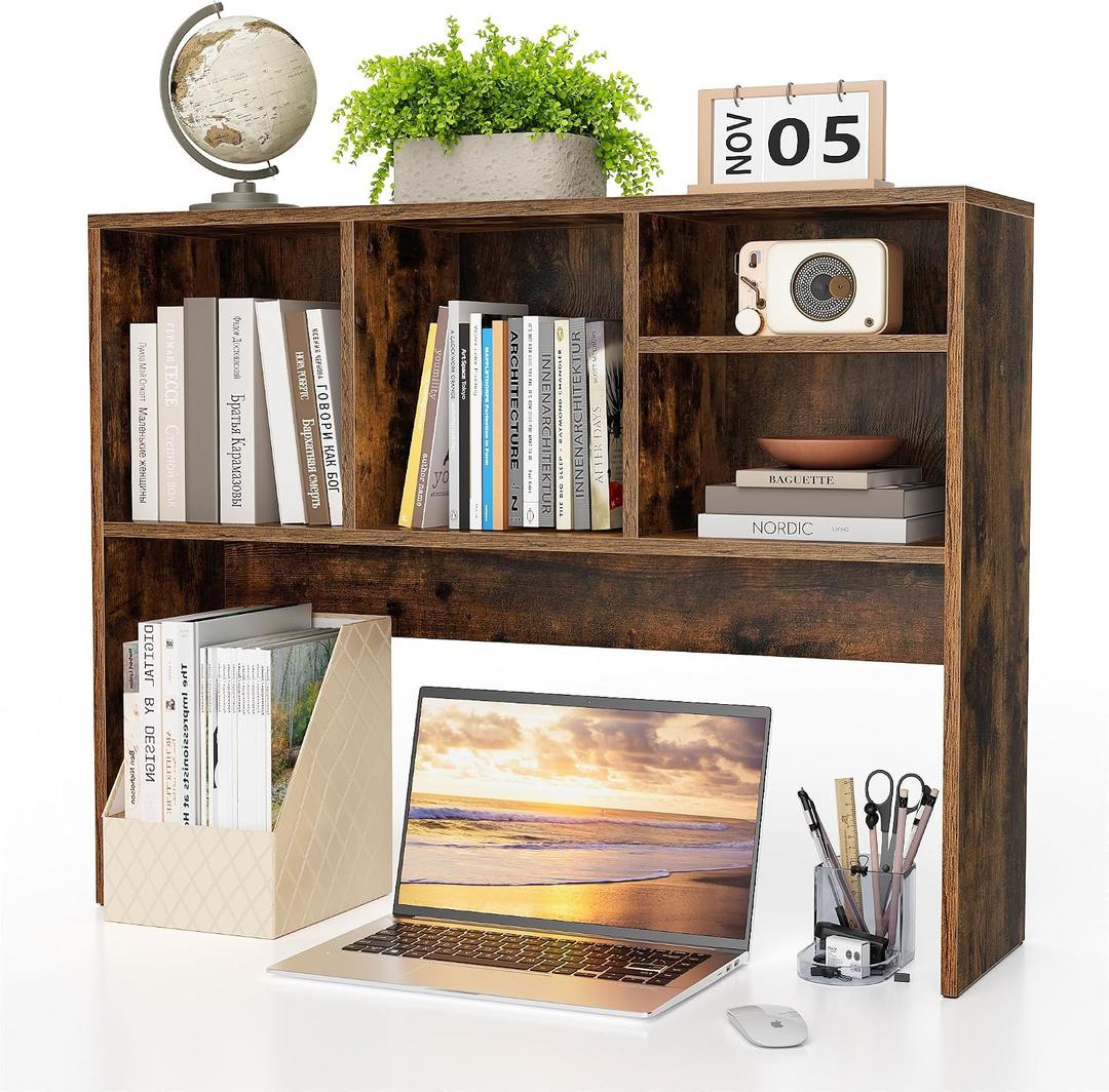 Clikuutory 2-Tier Desktop Bookshelf Hutch, Wood Countertop Storage Organizer with 4 Storage Compartments for Computer Desk, Multipurpose Tabletop Display Rack for Home Office Dorm Bedroom, Brown, 37"W x 10"D x 29"H