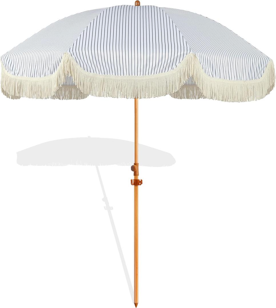 7.5ft Patio Umbrella with Fringe, Beach Umbrella, Fringe Umbrella Outdoor Patio with Hanging Hook, Tilting Aluminum Pole, UV 50+, Fiberglass Ribs, Blue White Stripe