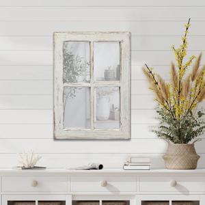 Rustic Small Window Pane Mirror Wall Decor 11 x 16 inches, Hanging Distressed White Farmhouse Rectangle Wood Frame Mirror, Handmade Decorative Window Mirrors for Living Room Christmas
