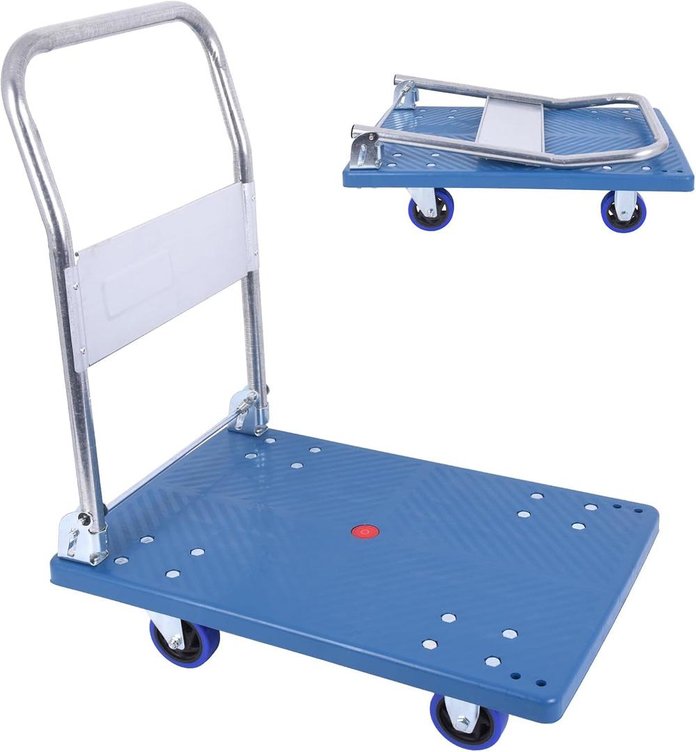 380lbs Small Flatbed Cart, Foldable Platform Truck Dolly with Swivel Wheels,Heavy Duty Moving Platform Hand Truck, Push Cart Platform Dolly Cart for Groceries, Warehouse(27.17" x 18.39" Blue)