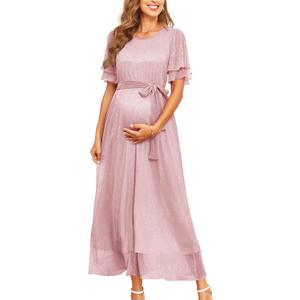 2025 Maternity Sparkly Mesh Maxi Flowy Dress with Belt Ruffle Sleeves Pregnant Long Dress Baby Shower Photoshoot Formal (XX-Large, Light Pink)