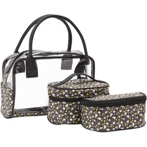 3 Pieces Travel Makeup Bag Set, Clear PVC Portal Organizer and 2 Daisy Cosmetic Travel Toiletry Pouch