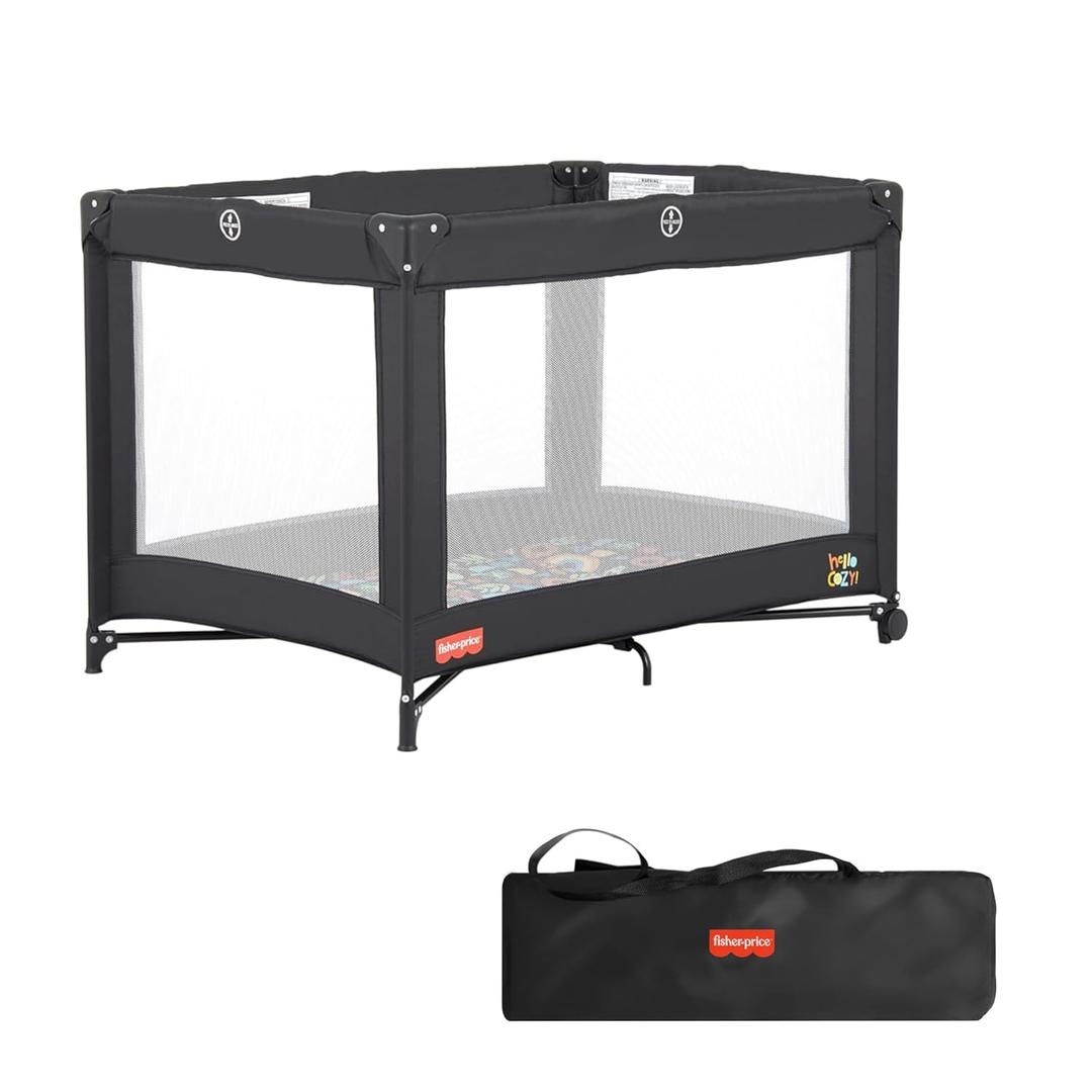Dream On Me Fisher-Price Play All Day Portable Playard, ASTM Certified, Ideal for Babies & Toddler, One-Hand Fold, Breathable Mesh, Travel Playard with Carry Bag, Easy to Clean - Black
