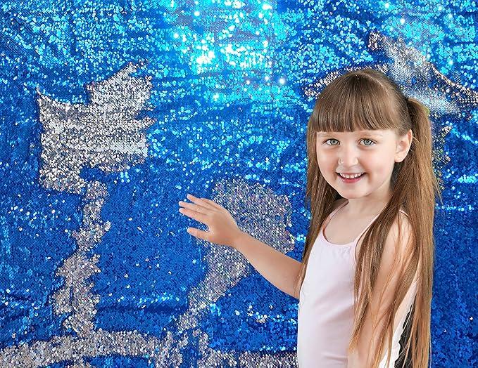 Sensory Wall Sequin Flip Fabric for Kids,0.2" Large Sequins Sensory Graffiti Fabric for Toddlers,Tactile Stimulation,Calming Corner Items (Half yd (18"*49"), Lake Blue + Silver)