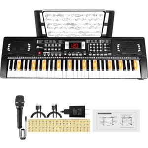 Kids Piano Keyboard, 61 Lighted Keys Electric Digital Keyboard Piano Kit 100 Voices, 100 Rhythms with Microphone, Gift for Children, Black