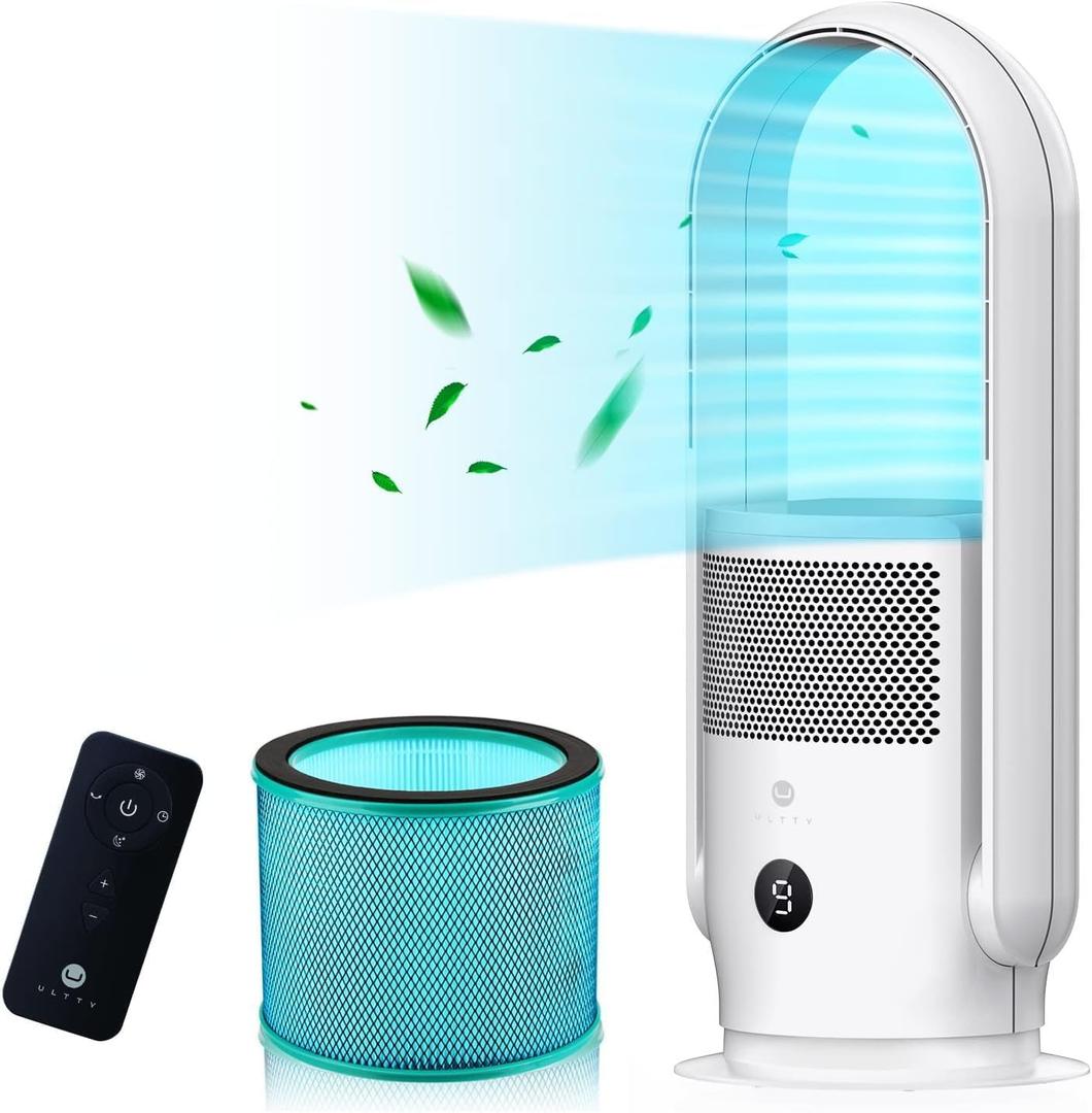U ULTTY Bladeless Tower Fan with Air Purifier, 90° Oscillating Bladeless Fan with Remote, Touch, 8H Timer, Floor Fans for Bedroom Whole Room Home Office R021, White
